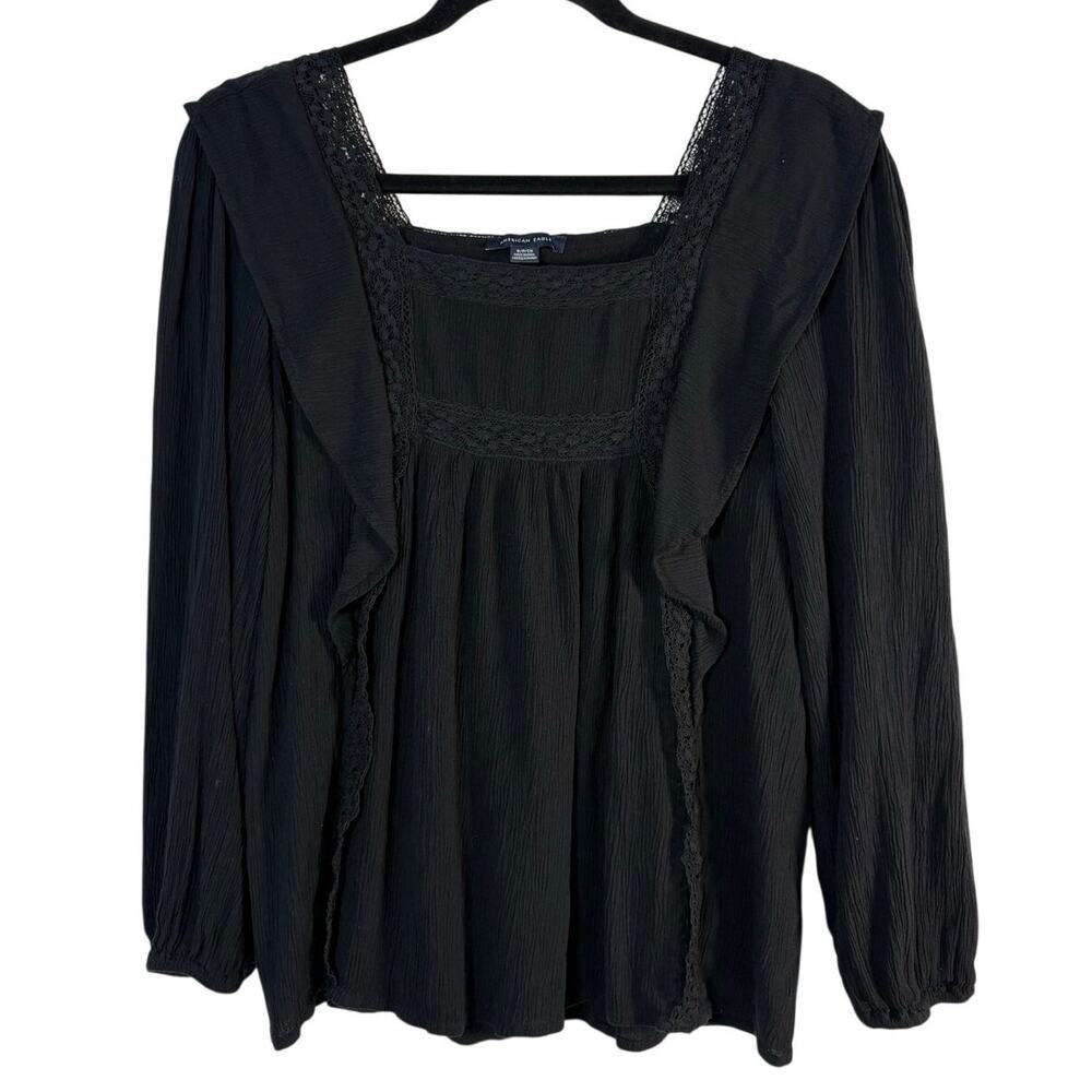 American Eagle Black Lace Square Neck Ruffle Boho Peasant Cottagecore Blouse S